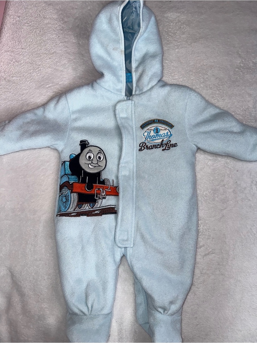 Vintage Thomas & Friends Light Blue Hooded Baby Snow Suit Sleep Sack Warm